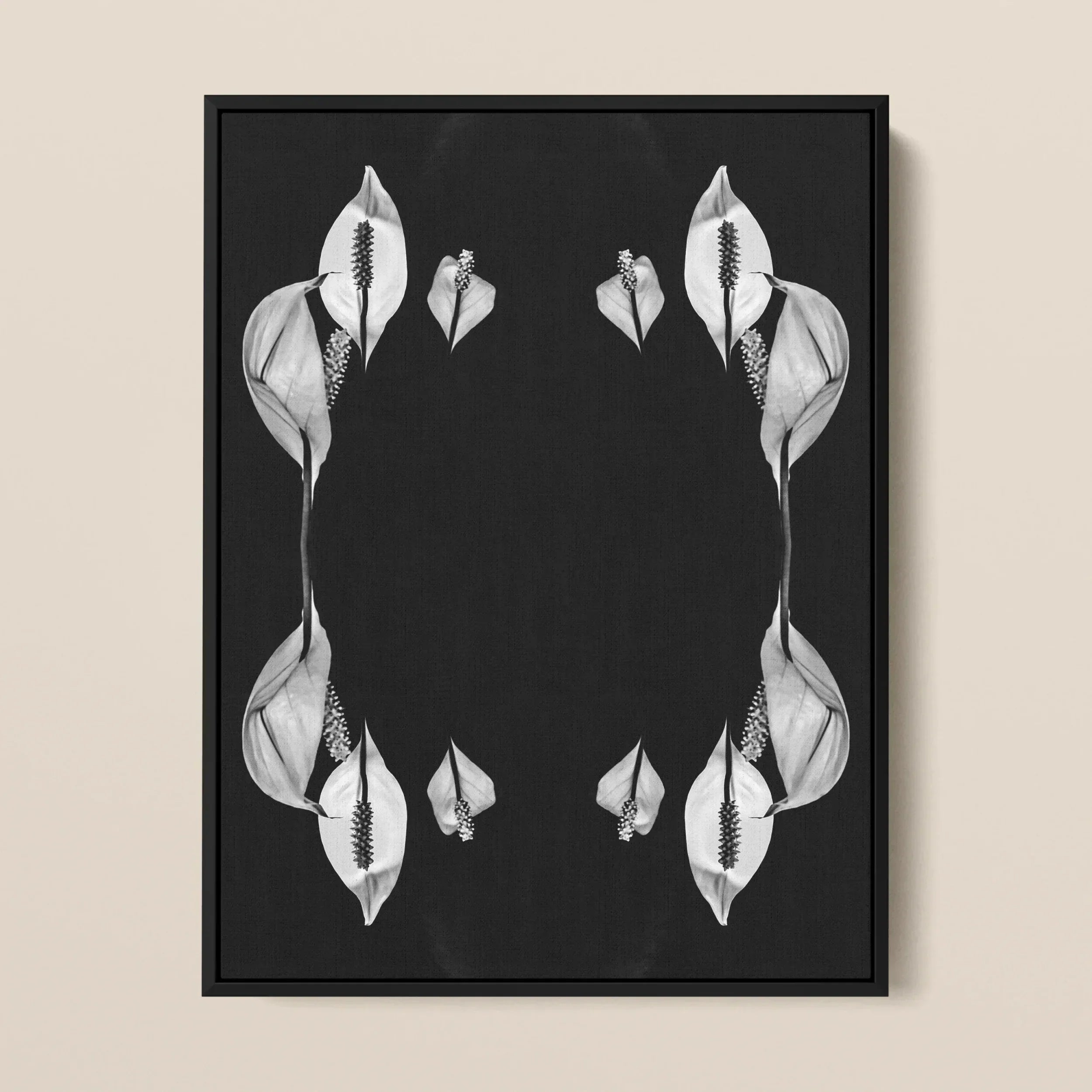 Pearly Whites - Koh Chang Peace Lily Framed Canvas, Black White Photograph Symmetrically Arranged Calla Lily Flowers