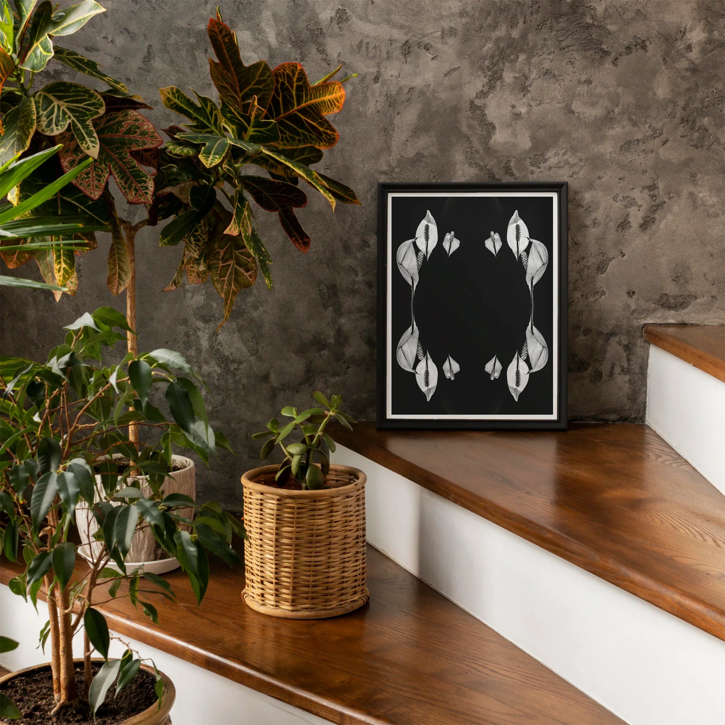 Pearly Whites Koh Chang Rorschach Lilies Art Print, Black Framed Artwork White Leaf Designs Arranged Circular