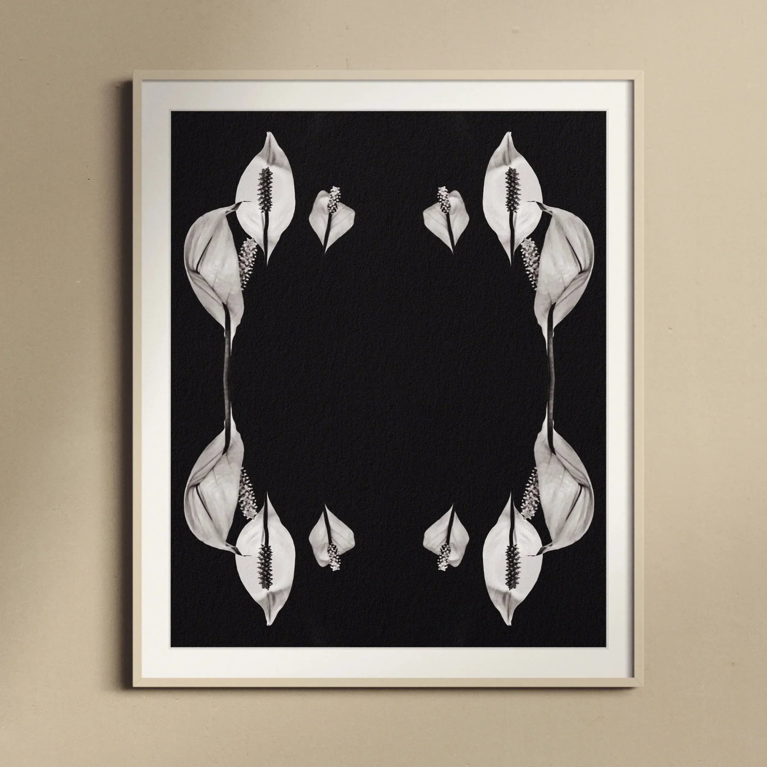 Pearly Whites Koh Chang Rorschach Lilies Art Print, White Peace Lilies Arranged Symmetrical Mirror Pattern Black