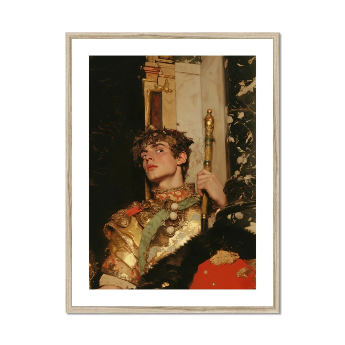 Peeking - Royal Gay Renaissance Art Print, Person Ornate Gold-colored Costume Floral Leaf-like Embellishments