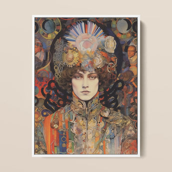 Pepper - Psychedelic Goddess Art Framed Canvas, 12x16’’ / 31x41cm / White Floating Frame, Ornate Colorful Portrait Figure Elaborate