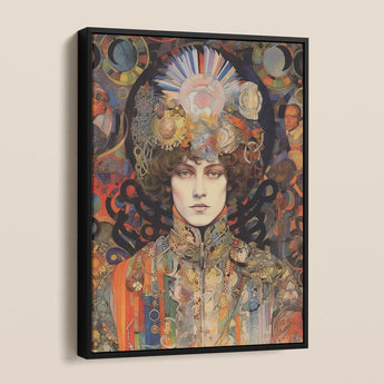 Pepper - Psychedelic Goddess Art Framed Canvas, Framed Abstract Portrait Painting Person Elaborate Headwear Colorful
