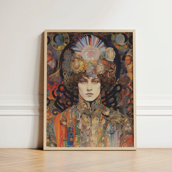 Artistic Portrait Print Light Wood Frame Intricate Art Psychedelic Realms Untold, Cosmic Empress