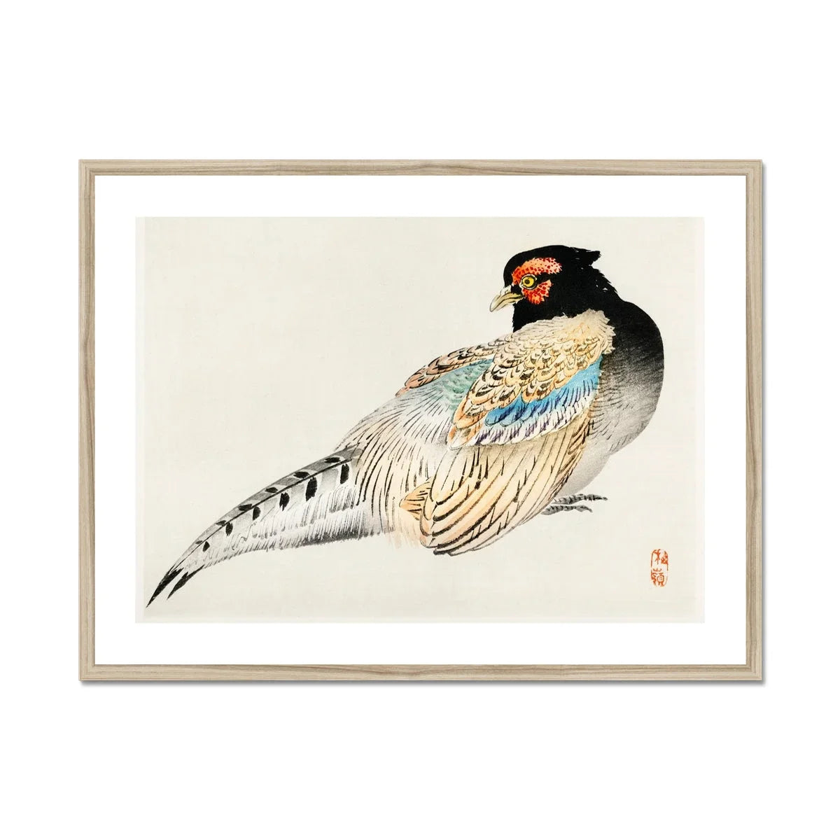 Peregrine Falcon Kōno Bairei Meiji Era Bird Art Print, Colorful Pheasant Black Head White Feathers Blue Markings