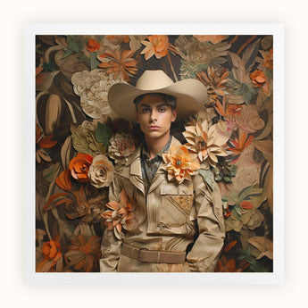Rashid - Gay Arabic Cowboy Dandy Art Print, Young Person Cowboy Hat Floral-embellished Jacket