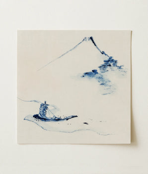 Minimalist Blue Ink Painting Off-white Paper Depicts Traditional Cream, Katsushika Hokusai, Edo Period, Indigo Washes Bleed, Nature