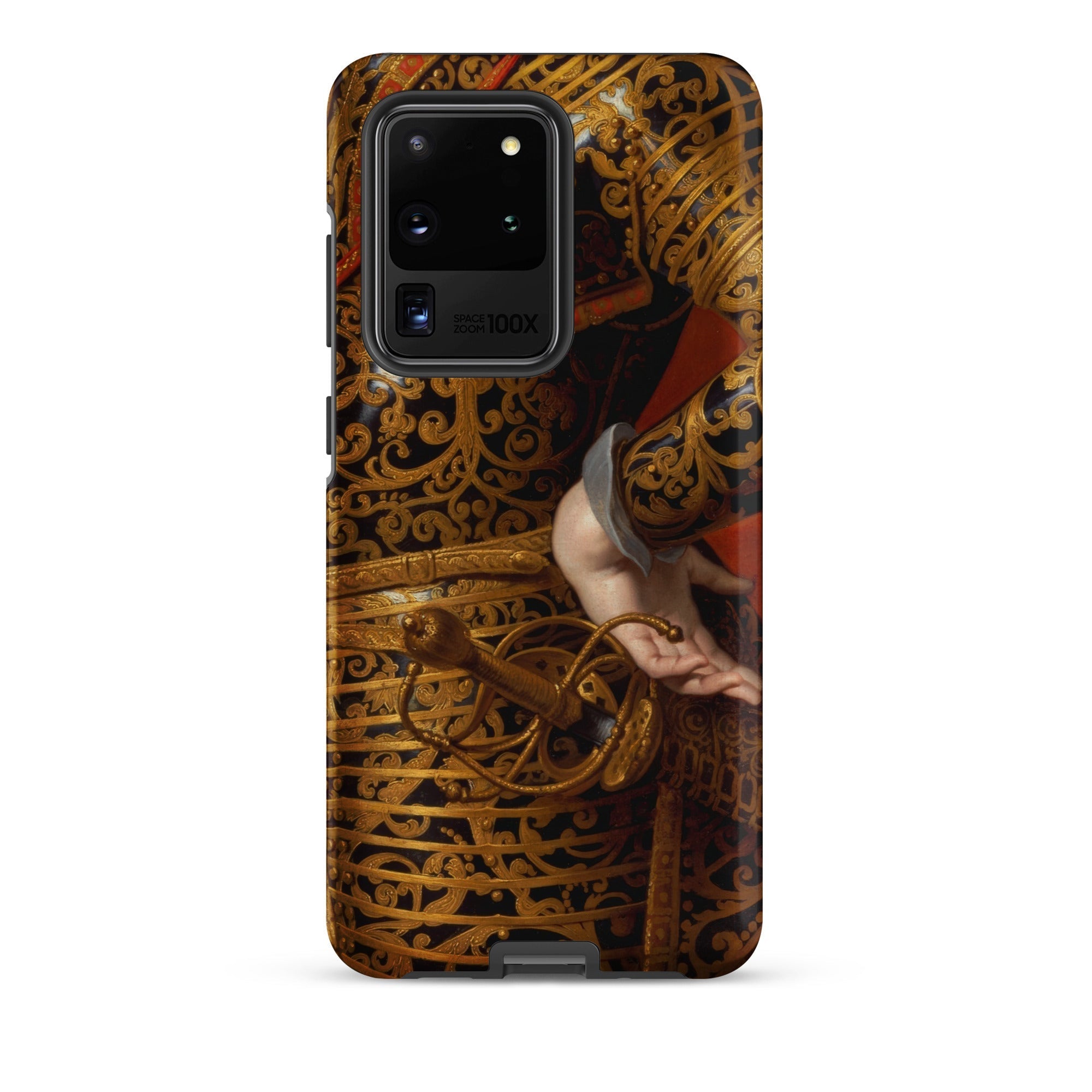 Philip Iv in Parade Armor Gaspar De Crayer Samsung Case, Galaxy S20 Ultra / Matte, Black Smartphone Case Gold Ornate Pattern Visible Hand