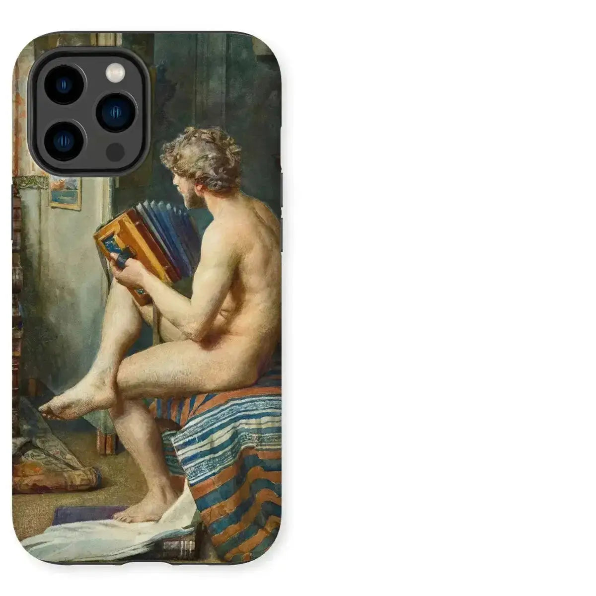 Male nude iphone case featuring a man playing an accordion for art history fans