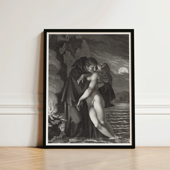 Phrosine and Melidore - Pierre Paul Prud’hon Art Print / Canvas Black-framed Monochrome Classical Two Figures Embrace Moonlit Composes