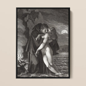 Phrosine and Melidore - Pierre Paul Prud’hon Framed Canvas, 12x16’’ / 31x41cm / Black Floating Frame, Framed Monochrome Print Cloaked