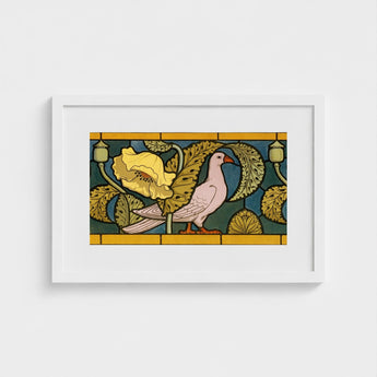 Pigeon et Pavots - Maurice Pillard Verneuil Art Print / Canvas Stained Glass-style Artwork Pink Dove Orange Beak Perched, Verneuil’s