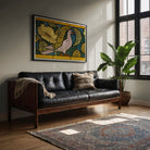 Pigeon et Pavots Maurice Pillard Verneuil Art Print, Black Leather Mid Century Modern Sofa Wooden Frame Tufted