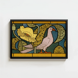 Framed Artwork Stylized Pink Dove Orange Beak Perched Maurice Pillard Verneuil, Verneuil’s Feathered Muse, Art Nouveau’s Golden Age