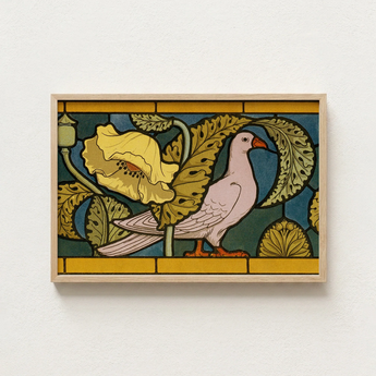Stained Glass Art Print Pale Pink Dove Orange Maurice Pillard Verneuil, Verneuil’s Feathered Muse, Nouveau’s Golden Age
