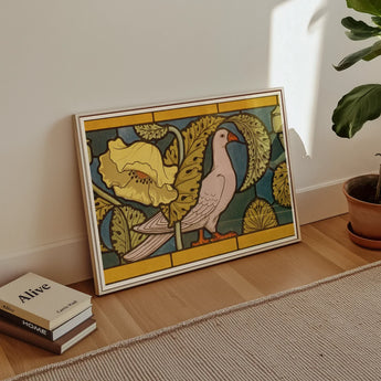 Pigeon et Pavots - Maurice Pillard Verneuil Art Print / Canvas Framed Art Print Pink Bird Among Golden Floral Maurice Pillard Verneuil,