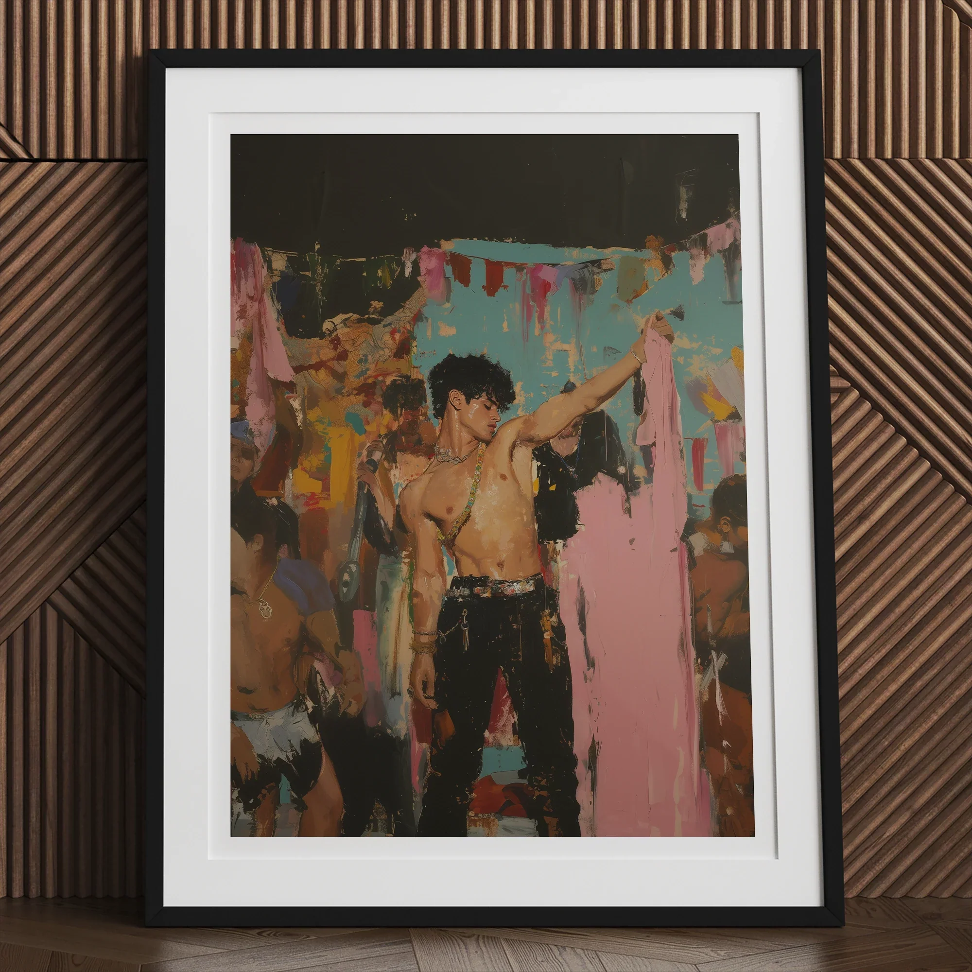 Pin-up - Gay Rajasthani After Party Art Print, 12x16’’ / 31x41cm / Black Frame, Framed Painting Shirtless Man