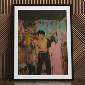 Gay Rajasthani after party art print, shirtless man, black frame.