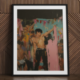 Gay Rajasthani after party art print, shirtless man, black frame.