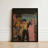 Black-framed Artwork Muscular Shirtless Man Dark Pants Gold Party Art Print, Gay Rajasthani
