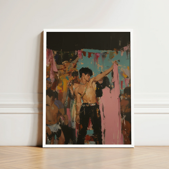 White-framed Artwork Shirtless Man Black Pants Gold Chains Party Art Print, Gay Rajasthani