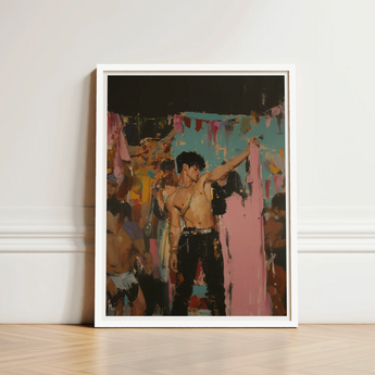 Framed Artwork Shirtless Man Black Pants Gold Chains Party Art Print, Gay Rajasthani