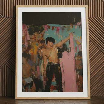 Pin-up - Gay Rajasthani After Party Art Print / Canvas Framed Art Print Muscular Man Black Pants Shirt Party Print, Gay Rajasthani,
