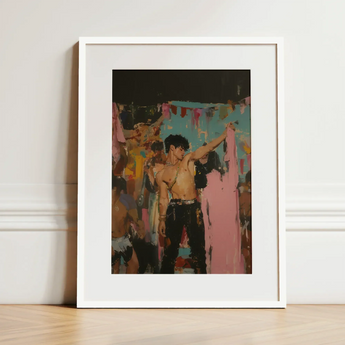 Pin-up - Gay Rajasthani After Party Art Print / Canvas White-framed Art Print Stylized Colorful Depiction Shirtless Man Party Print, Gay