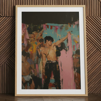 muscular man in black pants at a Rajasthani after-party.