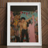 Gay Rajasthani after-party art print, shirtless man in black pants.