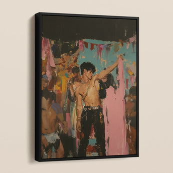 Pin-up - Queer Rajasthani After Party Framed Canvas, Vibrant Framed Painting Shirtless Man Dark Hair Piece