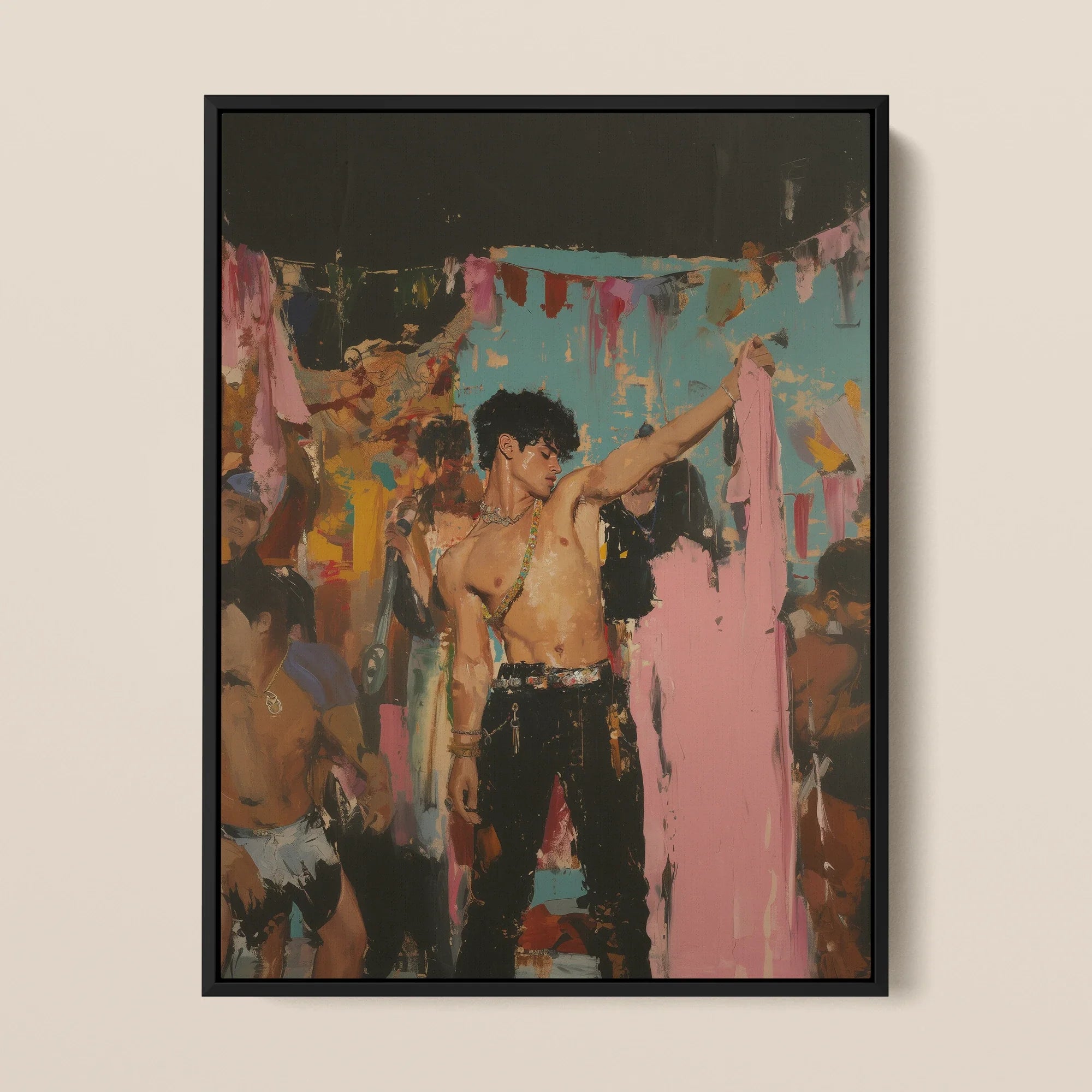 Pin-up - Queer Rajasthani After Party Framed Canvas, Framed Painting Shirtless Man Crowd