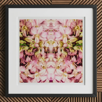 Pink Kaleidoscope - Thai Orchid Art Print, 12x12’’ / 31x31cm / Black Frame / 2’’ Matboard, Framed Piece Art Abstract Floral Pattern Shades