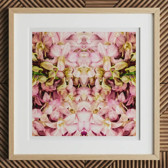 Pink Kaleidoscope - Thai Orchid Art Print, 12x12’’ / 31x31cm / Natural Frame / 2’’ Matboard, Framed Artwork Pink Green Floral Pattern