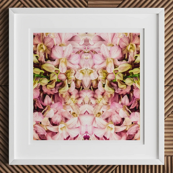 Pink Kaleidoscope - Thai Orchid Art Print, 12x12’’ / 31x31cm / White Frame / 2’’ Matboard, Framed Art Print Vibrant Mirrored Pattern Pink