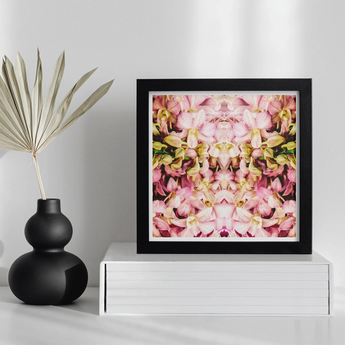 Pink Kaleidoscope - Thai Orchid Art Print, Framed Symmetrical Floral Artwork Pink Yellow Blossoms