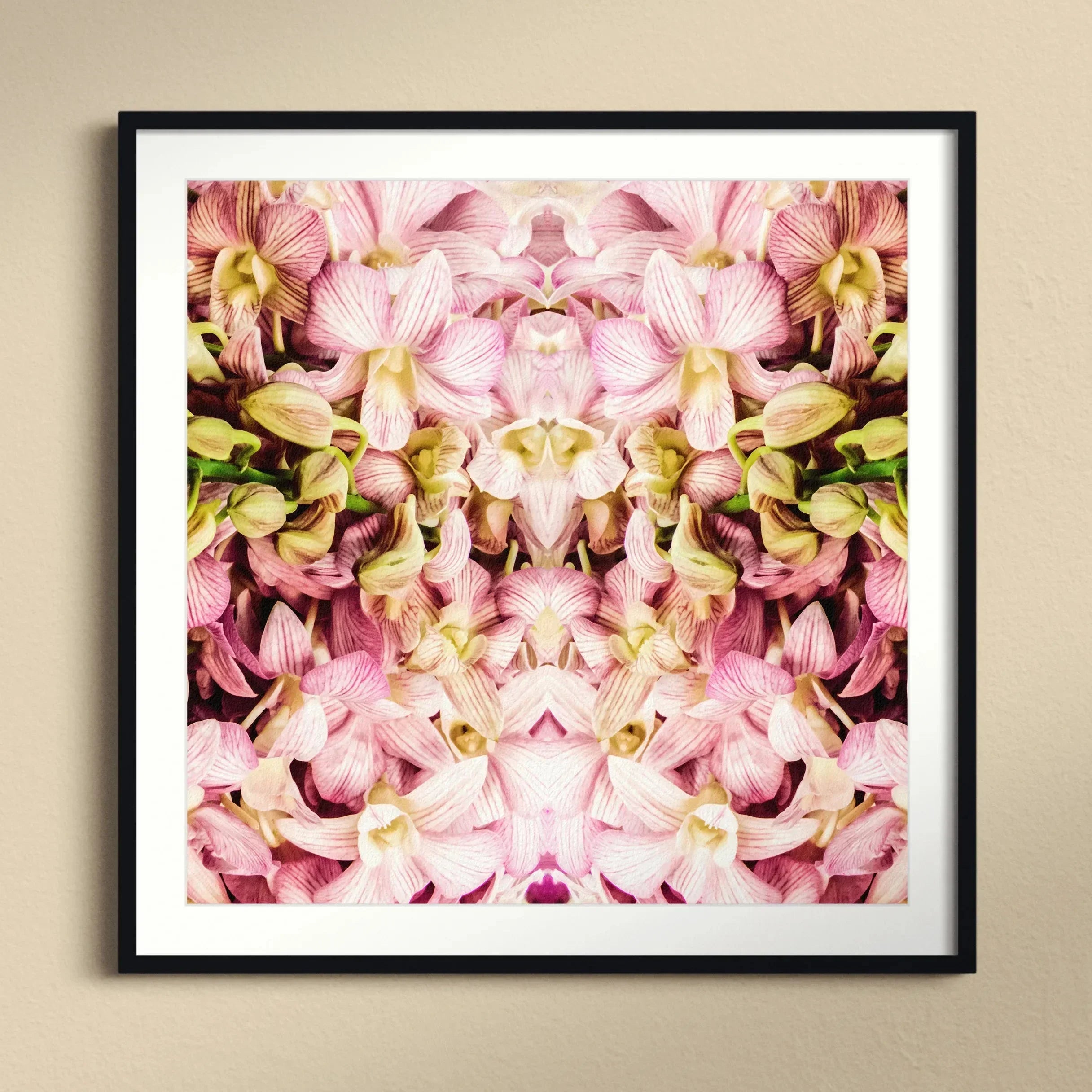 Pink Kaleidoscope Thai Orchid Art Print, Kaleidoscopic Pattern Pink Yellow Orchid Flowers Symmetrical Arrangement