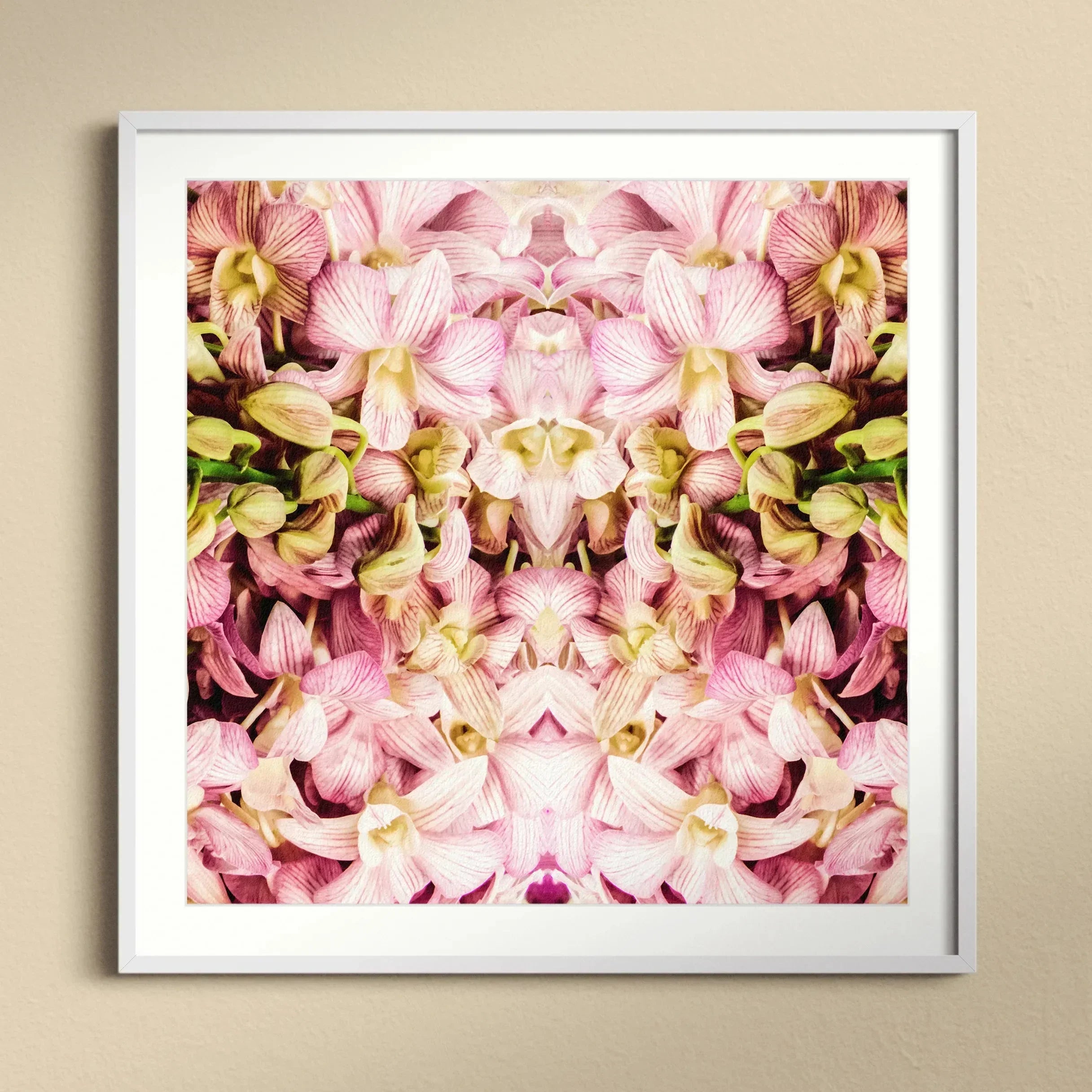 Pink Kaleidoscope Thai Orchid Art Print, Kaleidoscopic Pattern Pink Yellow Orchid Flowers Symmetrical Arrangement