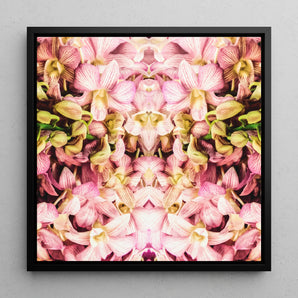 Pink Kaleidoscope - Trippy Orchid Art Framed Canvas, 12x12’’ / 31x31cm / Black Floating Frame, Symmetrical Kaleidoscopic Pattern Pink