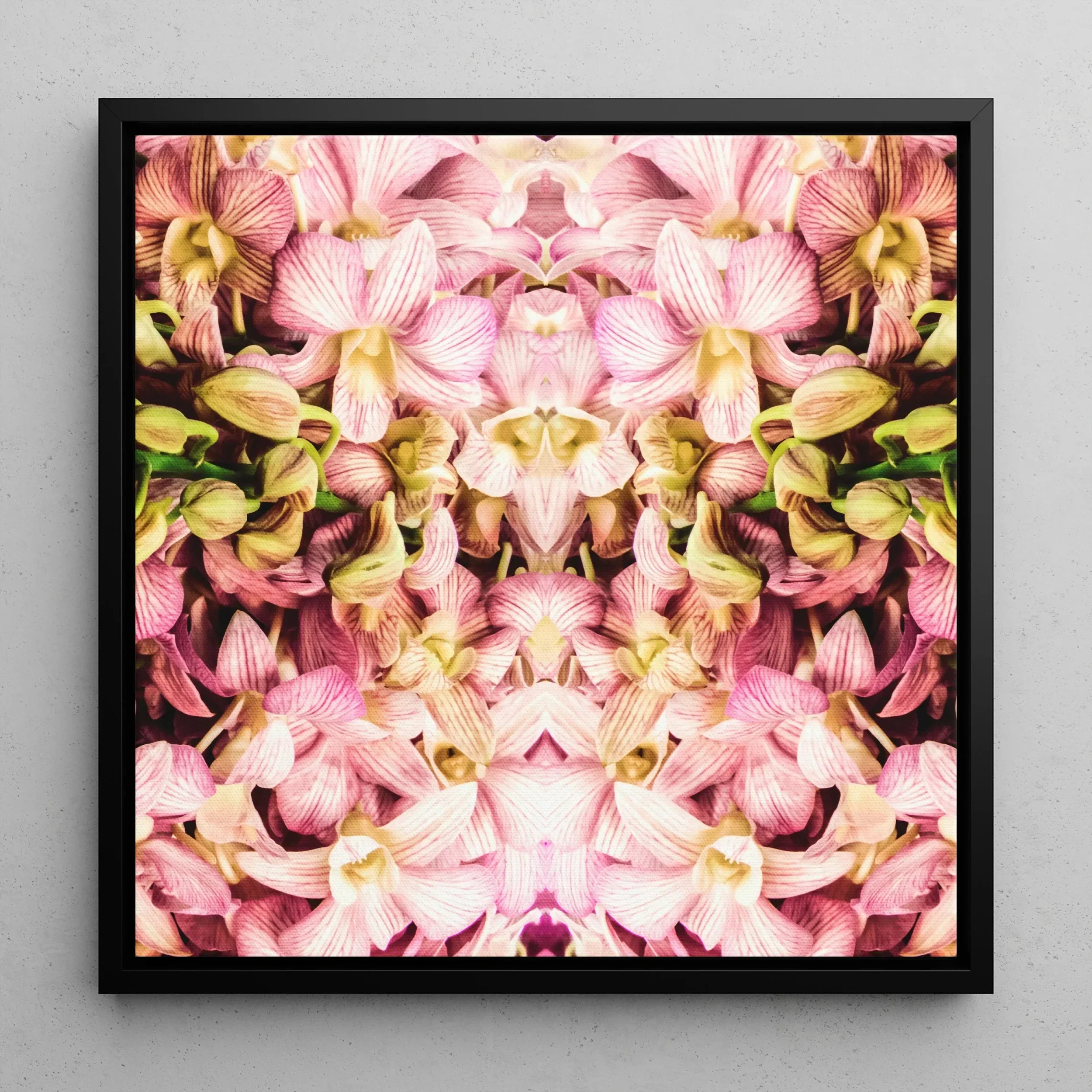 Pink Kaleidoscope - Trippy Orchid Art Framed Canvas, Symmetrical Kaleidoscopic Pattern Pink Yellow Orchid Flowers Black