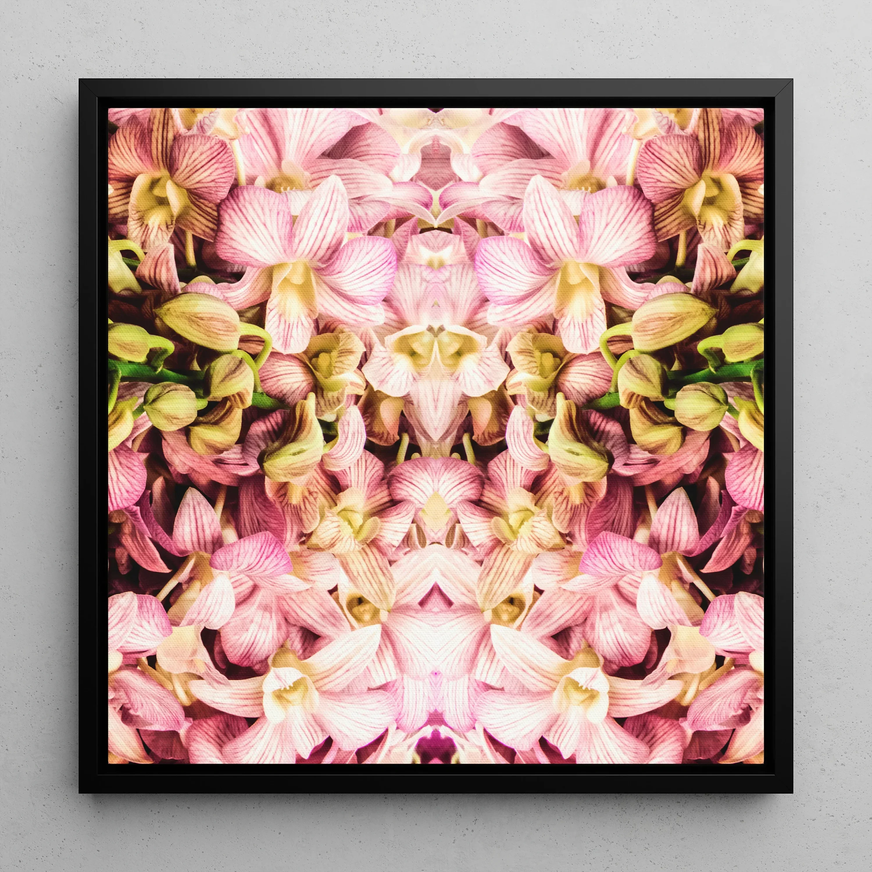 Pink Kaleidoscope Trippy Orchid Art Framed Canvas, Symmetrical Kaleidoscopic Pattern Pink Yellow Orchid Flowers Black