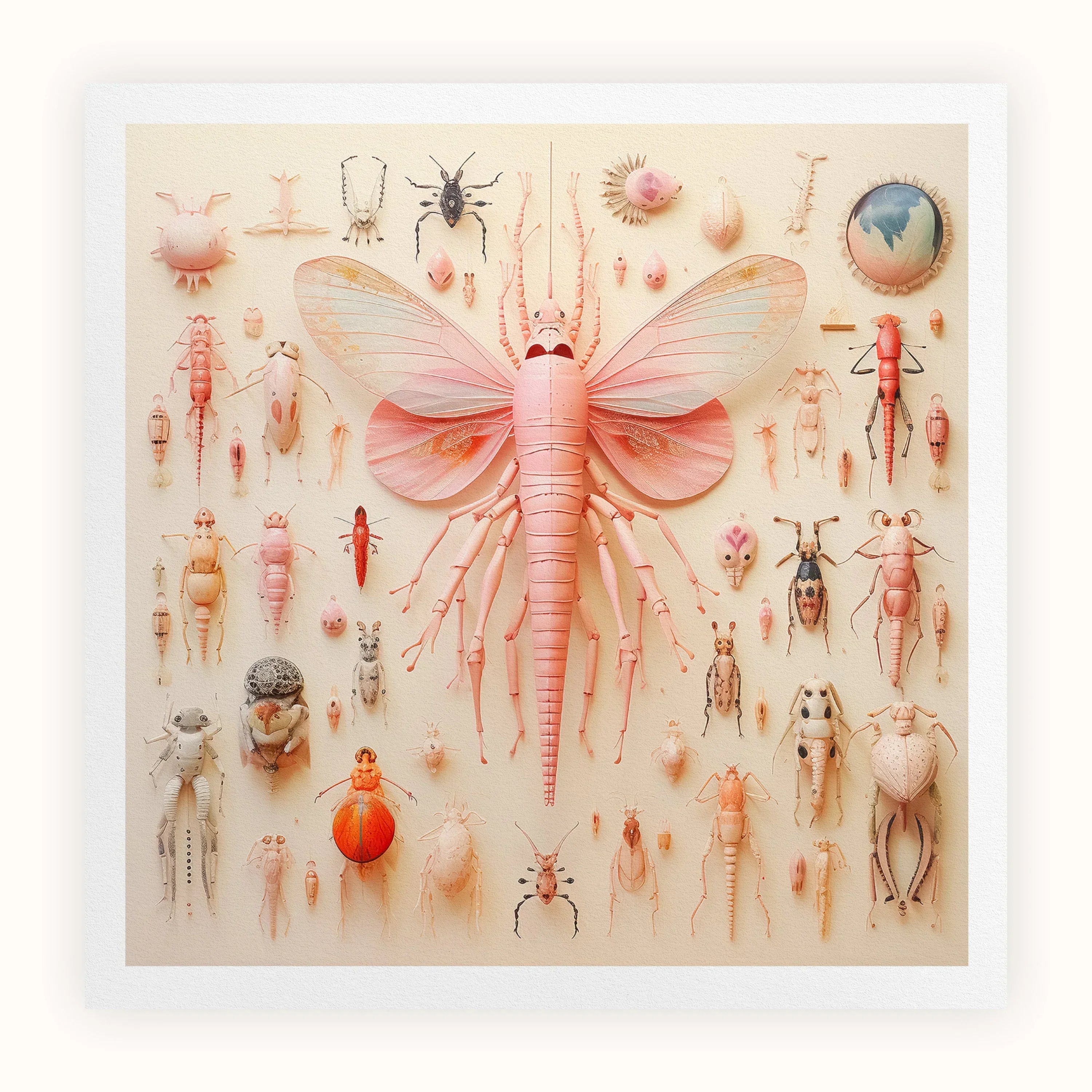 Pink Mama Moth Alien Species Taxonomy Art Print, Pink Butterfly Like Insect Elongated Body Delicate Wings