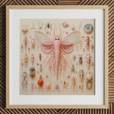 Pink Mama Moth - Alien Species Taxonomy Art Print / Canvas Framed Artwork Central Pink Butterfly-winged Insect Specimen Surrounded Mama