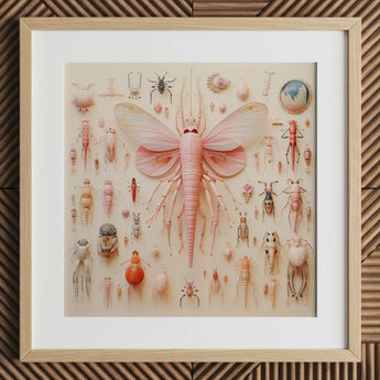 Pink Mama Moth - Alien Species Taxonomy Art Print / Canvas Framed Artwork Central Pink Butterfly-winged Insect Specimen Surrounded Mama