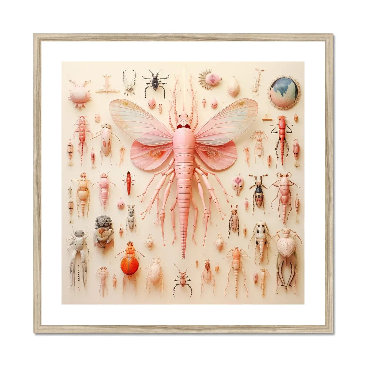 Pink Mama Moth - Alien Species Taxonomy Art Print, Pink Winged Insect Delicate Antennae Segmented Body
