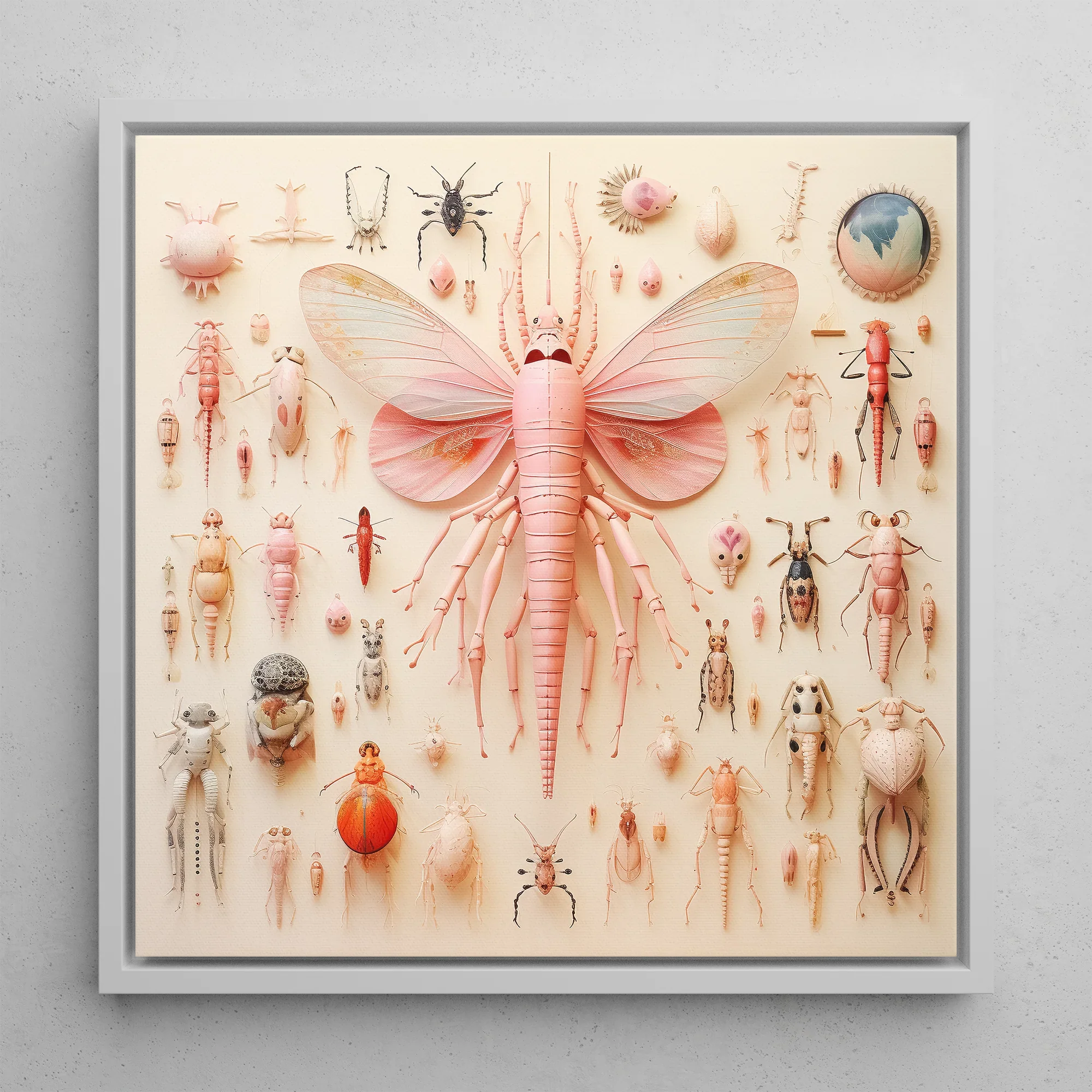 Pink Mama Moth - Alien Species Taxonomy Framed Canvas, 12’’x12’’ / White Floating Frame, Pink Insect Collection