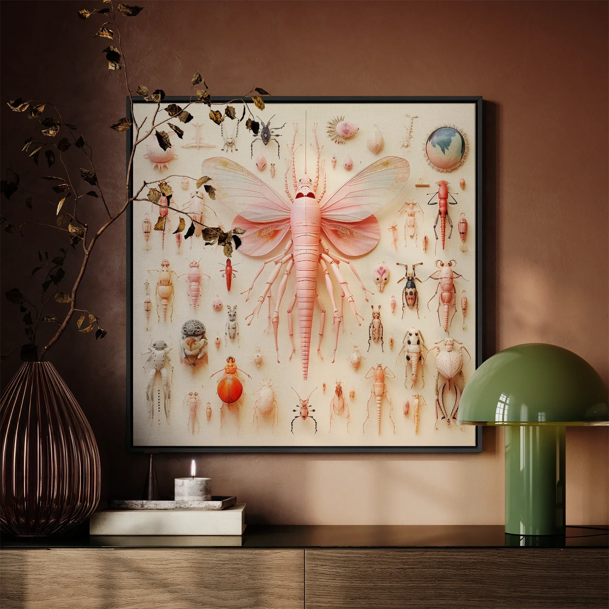 Pink Mama Moth - Alien Species Taxonomy Framed Canvas, Framed Insect Collage