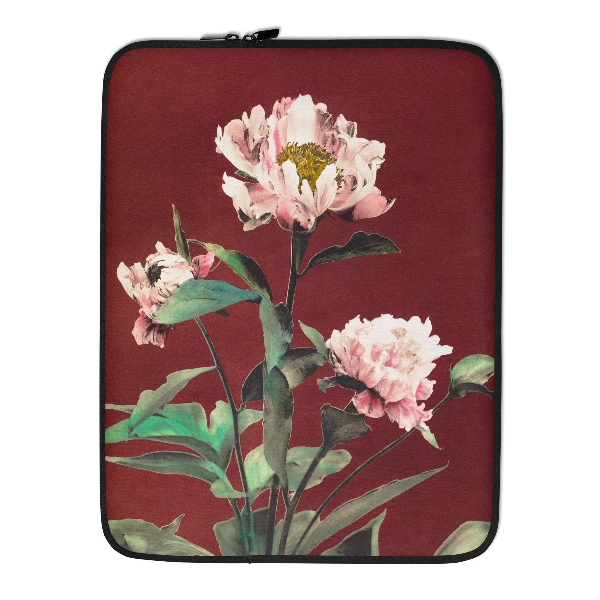 Pink Peonies - Kazumasa Ogawa Floral Laptop Sleeve, Laptop Sleeve Botanical Illustration Pink Peonies Burgundy Background