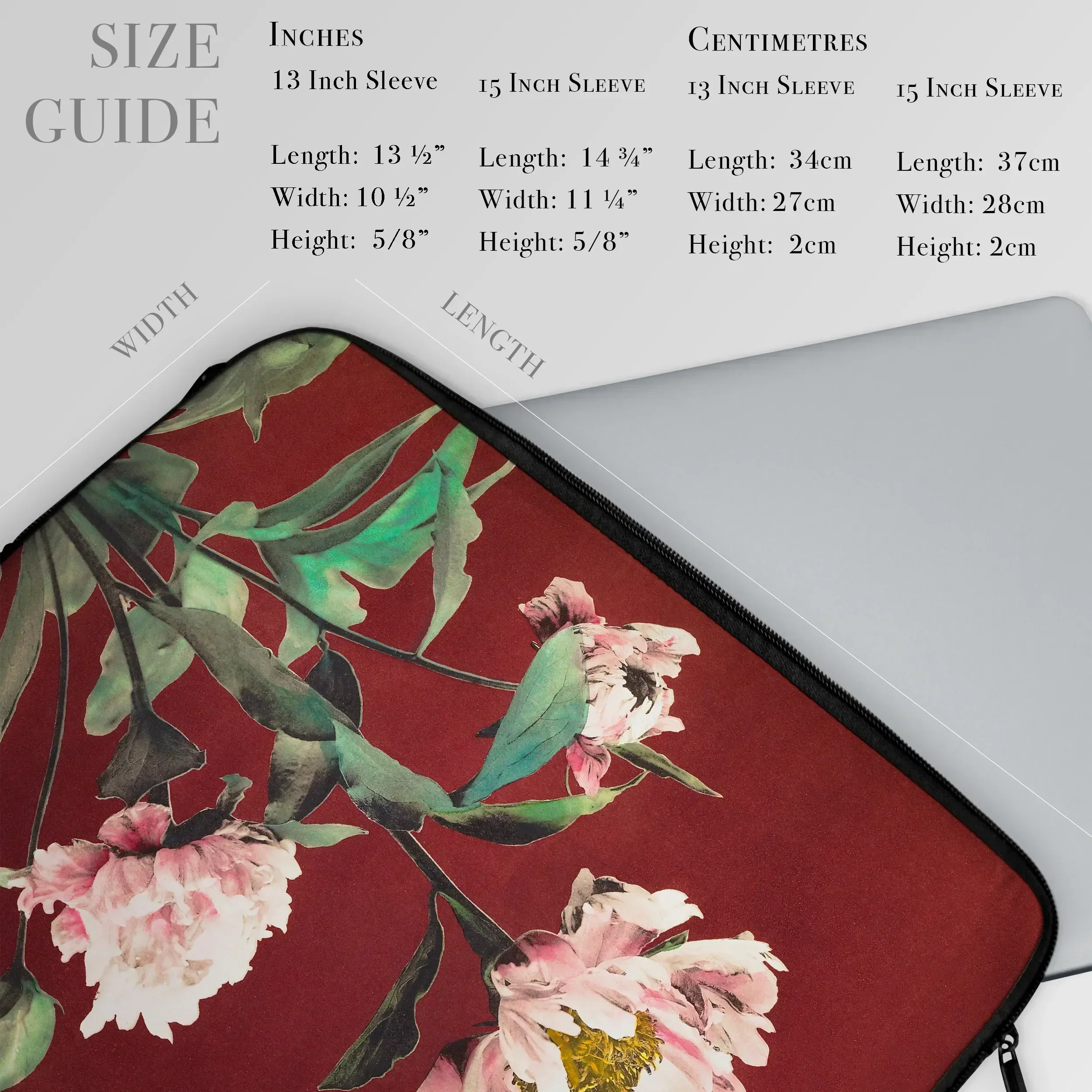 Pink Peonies - Kazumasa Ogawa Floral Laptop Sleeve, Floral-patterned Laptop Sleeve Case Size Guide Information