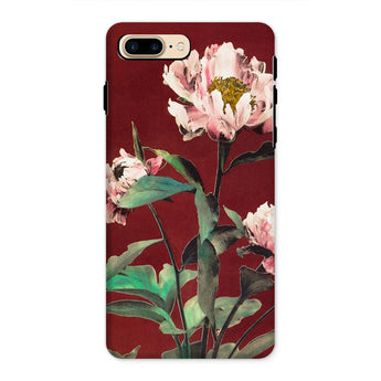 Pink Peonies - Ogawa Kazumasa Floral Iphone Case, 8 Plus / Matte, Floral-patterned Phone Case Pink Peonies Burgundy Background