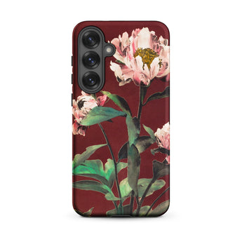 Pink Peonies - Ogawa Kazumasa Floral Samsung Case, Galaxy S25 Plus / Matte, Smartphone Case Dark Red Background Floral Design Light